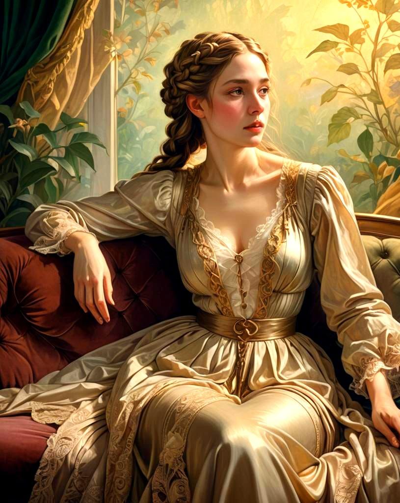 Woman in Bedroom, Comic Art Style Oil Painting