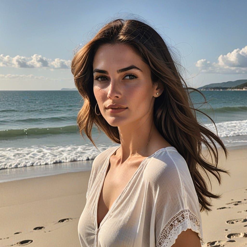 A Pretty Woman on a Serene Beach Scene in Soft Watercolor St...