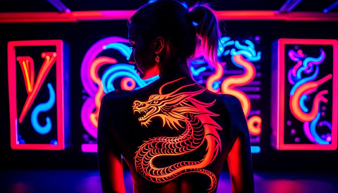 Woman's UV Dragon Tattoo in Hyperrealistic Neon Art