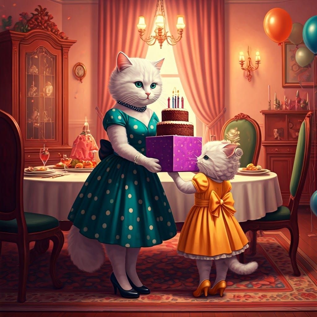 Cartoon Cat Celebrates Birthday Party in Anime Style