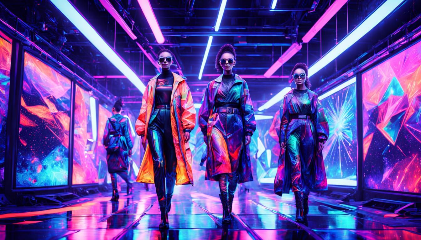 Glowing Cyberpunk Runway Fashion in Vibrant Oil Painting