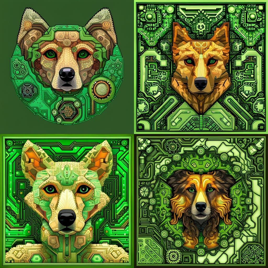 Steampunk Robotic Dog in Green ASCII Block Art