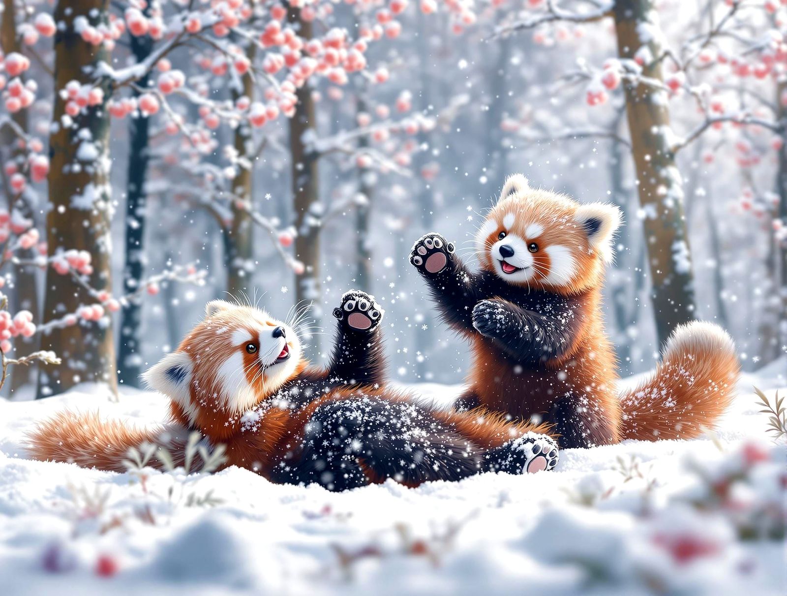 Surreal Winter Wonderland with Joyful Red Pandas in Snowy Hi...