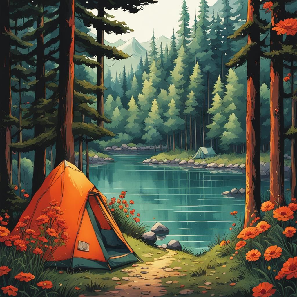 Anime Camping Scene with Tent and Lake