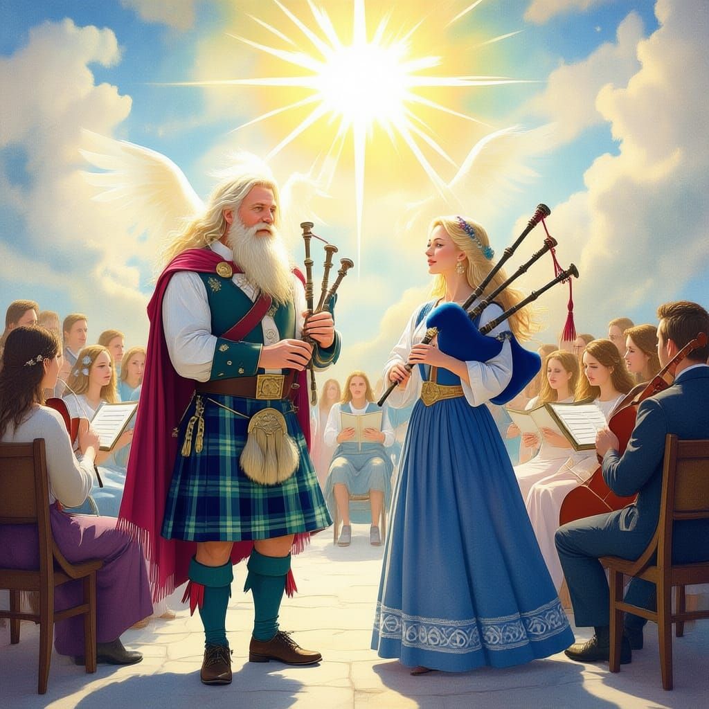 Divine Scottish Celebration with God and Bagpiper Angel