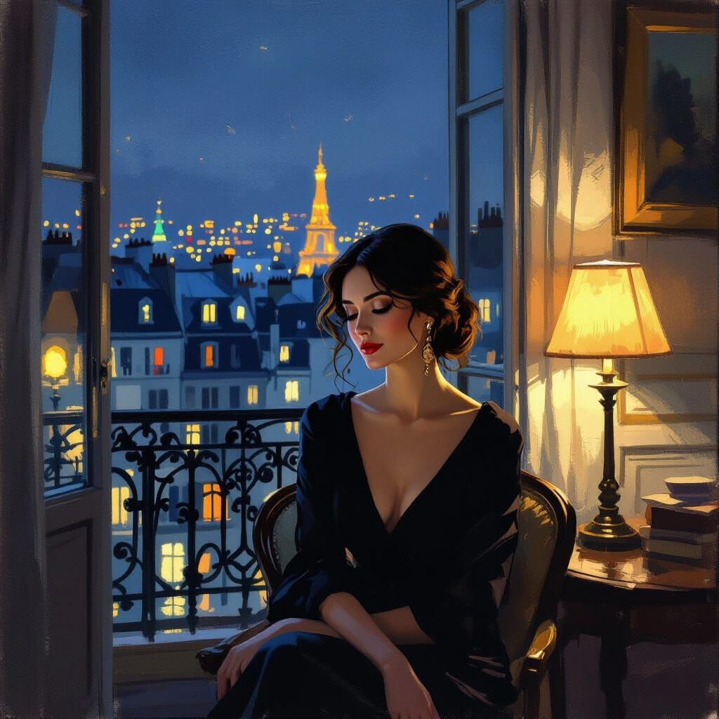 Parisian Woman in City Lights, Impressionist Style