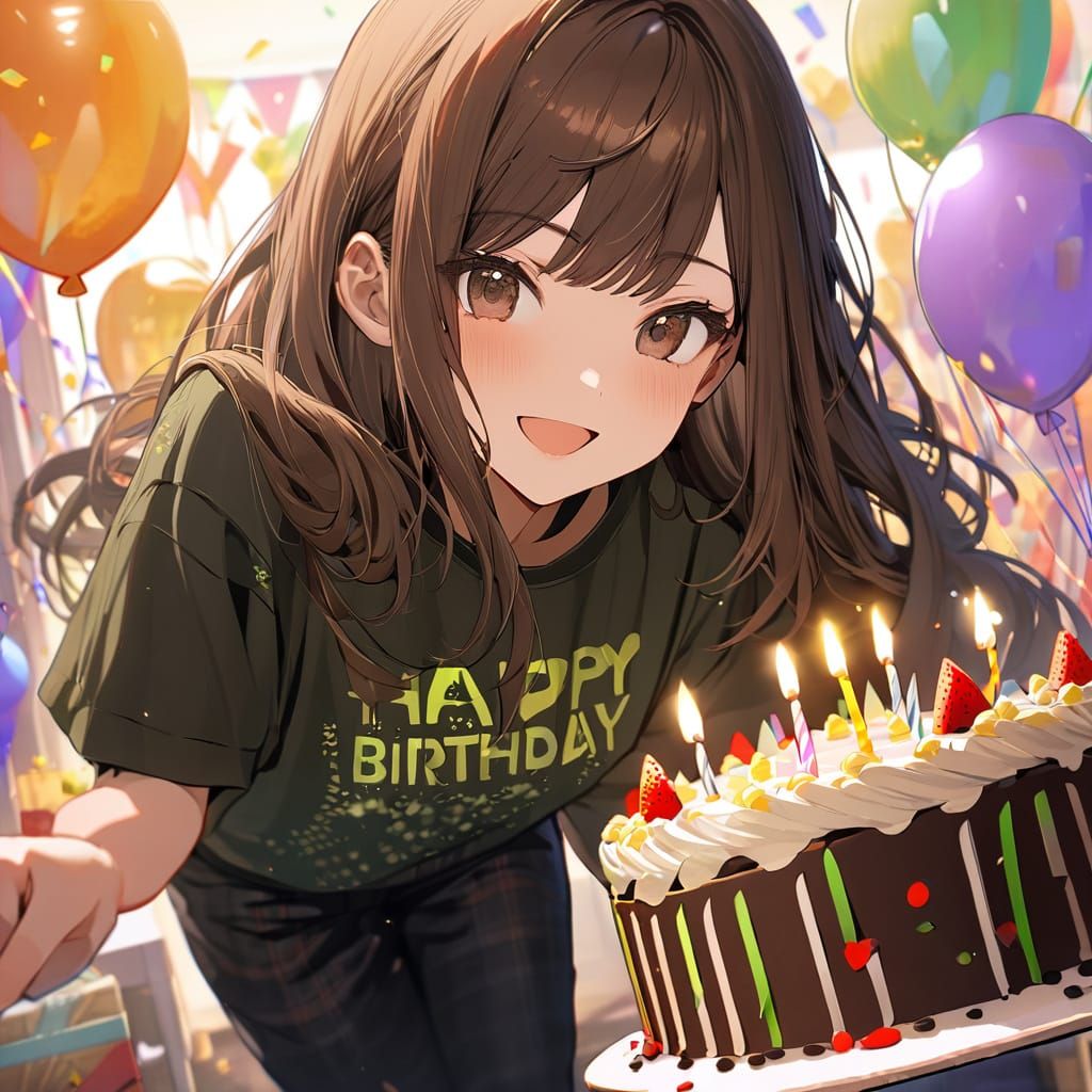 Birthday Girl Celebrates with Colorful Balloons and Cake