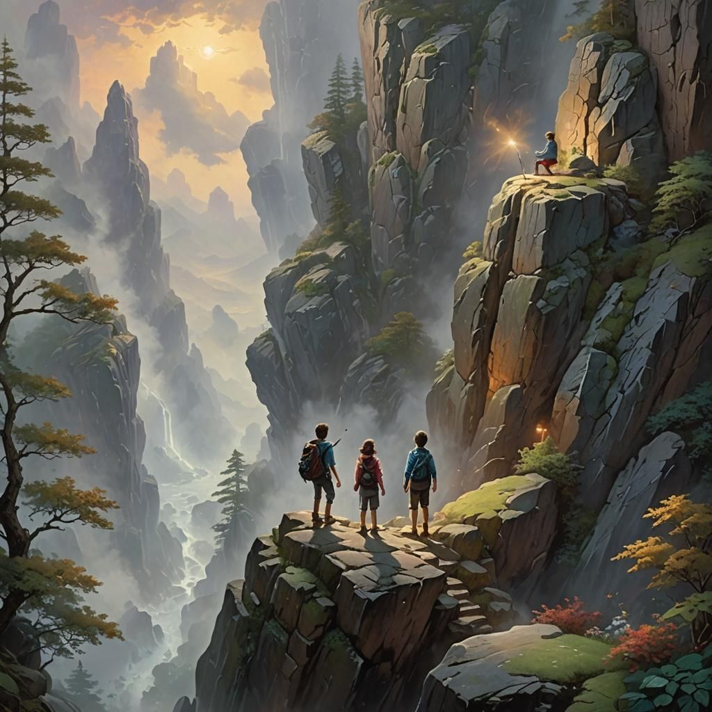 Children Climb Stormy Rock to Faint Light, Fantasy Art