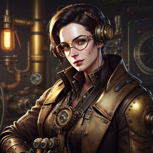 Steampunk Engineer Close-Up with Brass and Golden Lighting