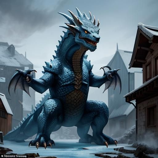 Fearsome Ice Dragon Threatens Village: Hyperdetailed Renderi...