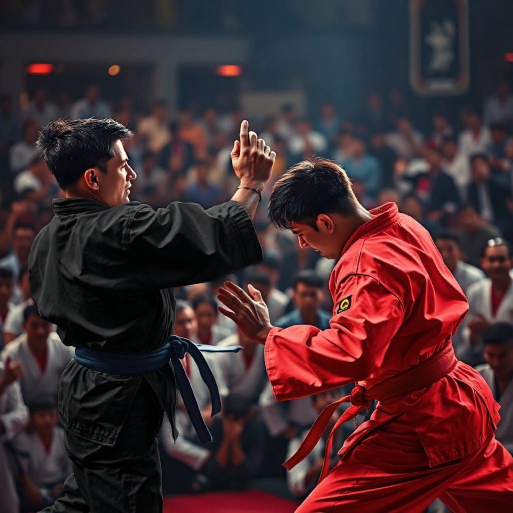 Fighters in Contrasting Black and Red Uniforms