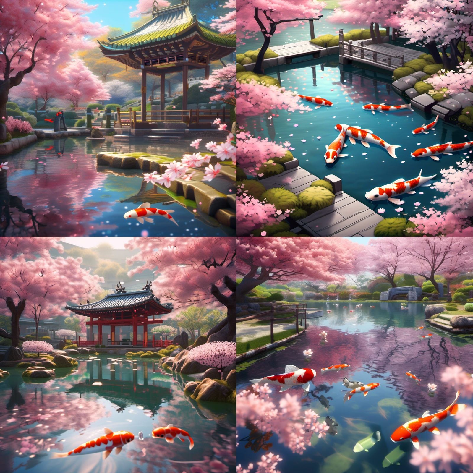 Koi Pond Under Cherry Blossoms in 3D Rendering