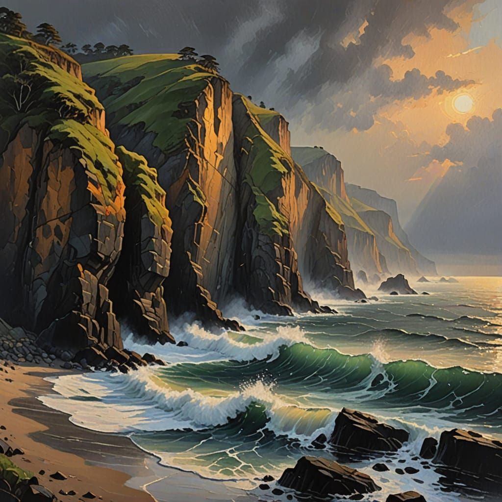 Impressionist Oil Painting of Misty Sea at Golden Hour