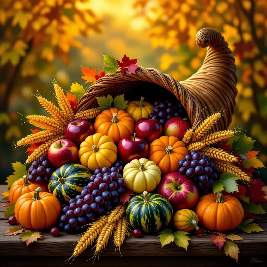 Abundant Cornucopia of Autumn Harvest in Golden Light