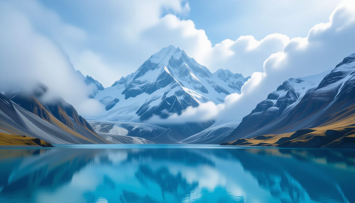 Majestic Snowy Peaks Above Crystal Volcanic Lake