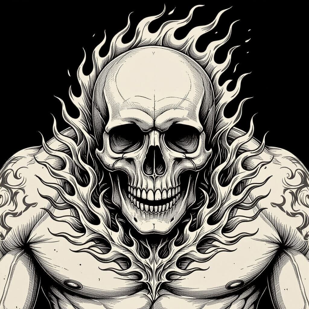 Realistic Flaming Skull Tattoo Stencil Design