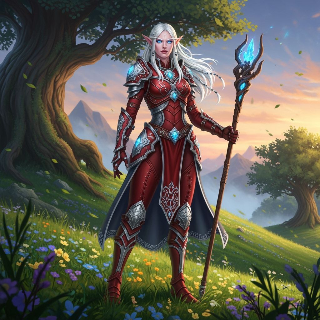 Albino Elf Warrior in Red Armor on Hillside
