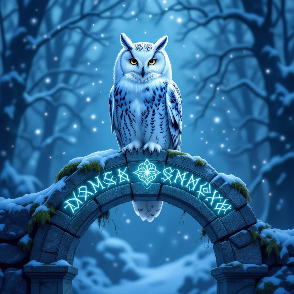 Majestic Snowy Owl on Ancient Archway in Ethereal Forest