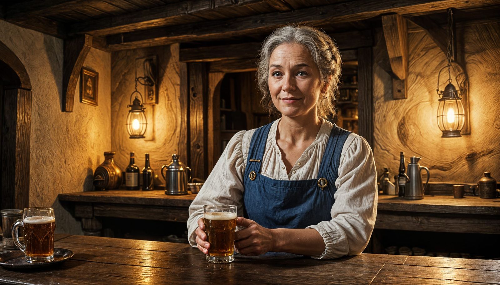 Lady innkeeper serving beers in a tavern.