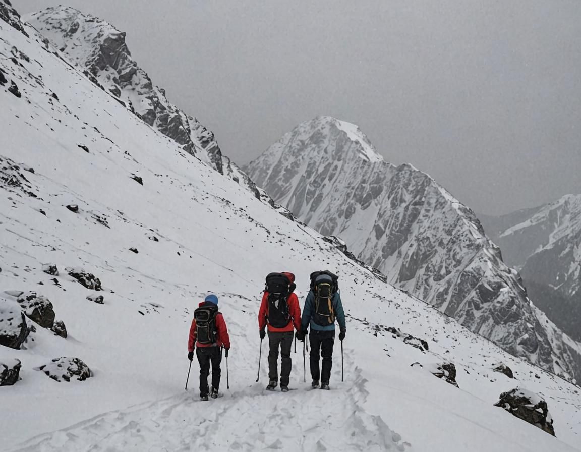 Travelers Ascend Snow Mountain in Winter