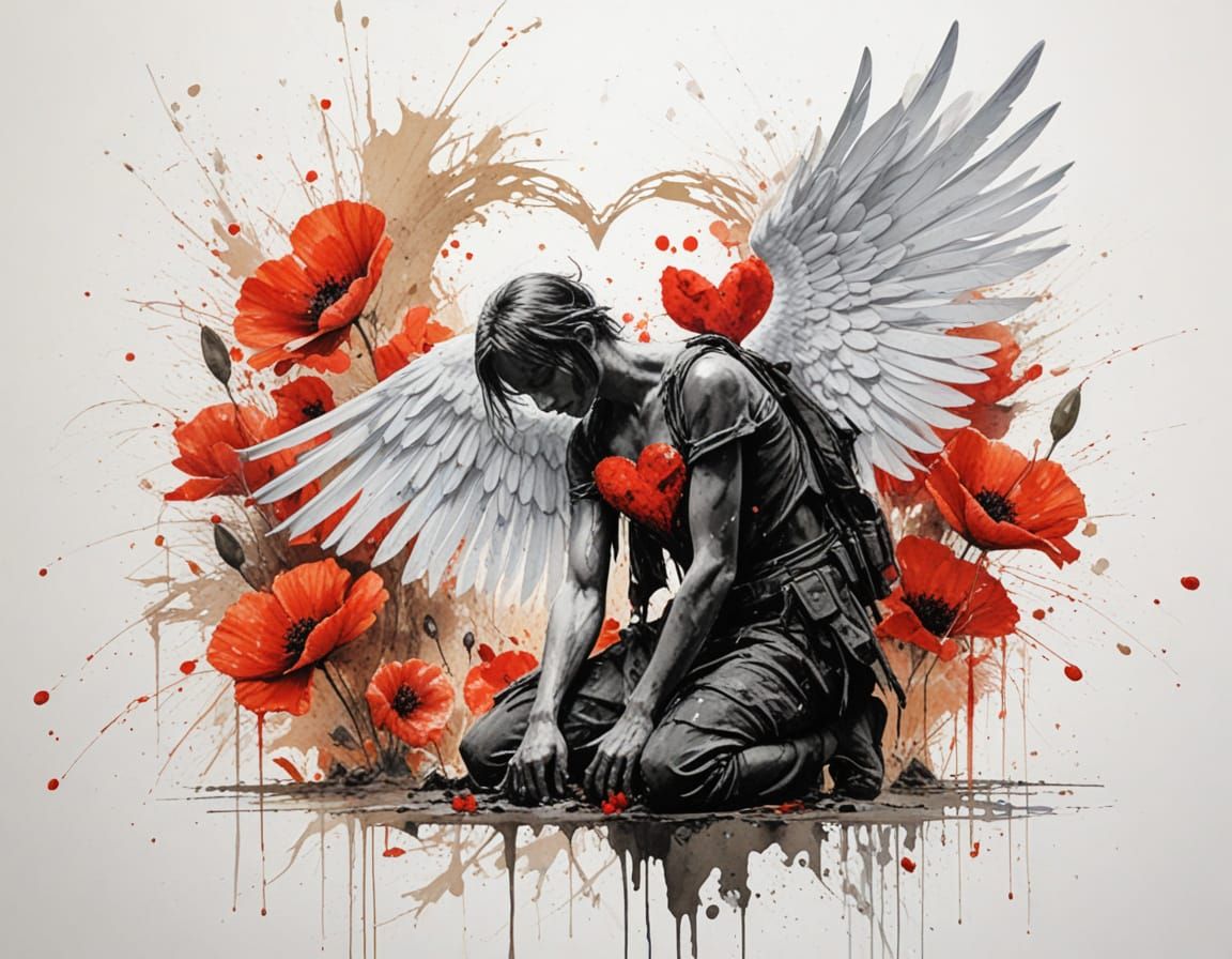 Angel Protects Soldier Amidst Ruins in Japanese Style