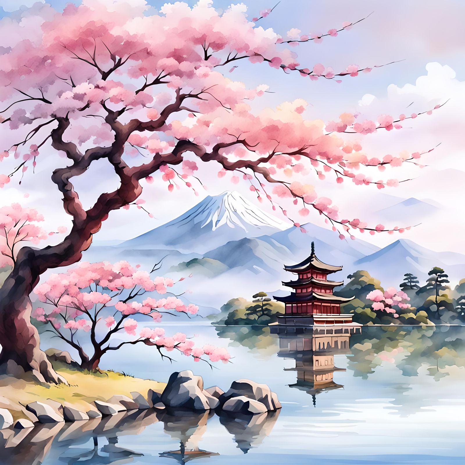 A beautiful ancient sakura tree in front of a lake. Mountain...