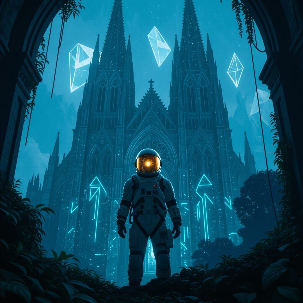 Astronaut in Bioluminescent Jungle Cathedral, Sci-Fi Realism