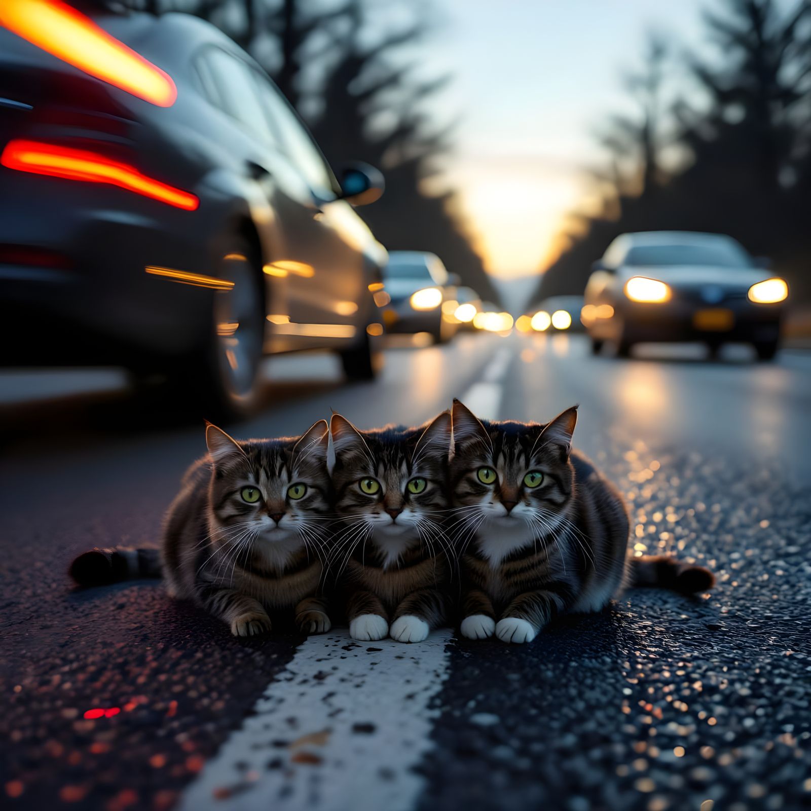 Scared Cats on Road Amidst Blurring Cars