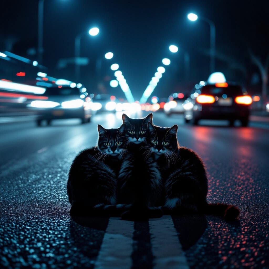 Scared Cats on Busy Road in Film Noir Style