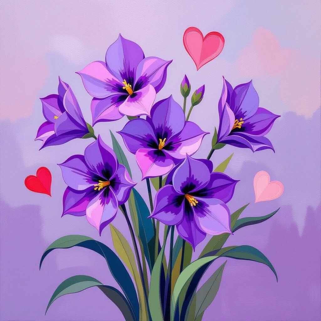 Impressionistic Jacints with Pink Hearts in Watercolor