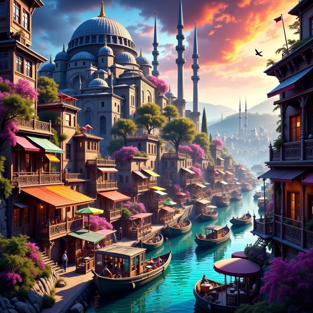 Vibrant Istanbul Cityscape in a Detailed, Rich Palette