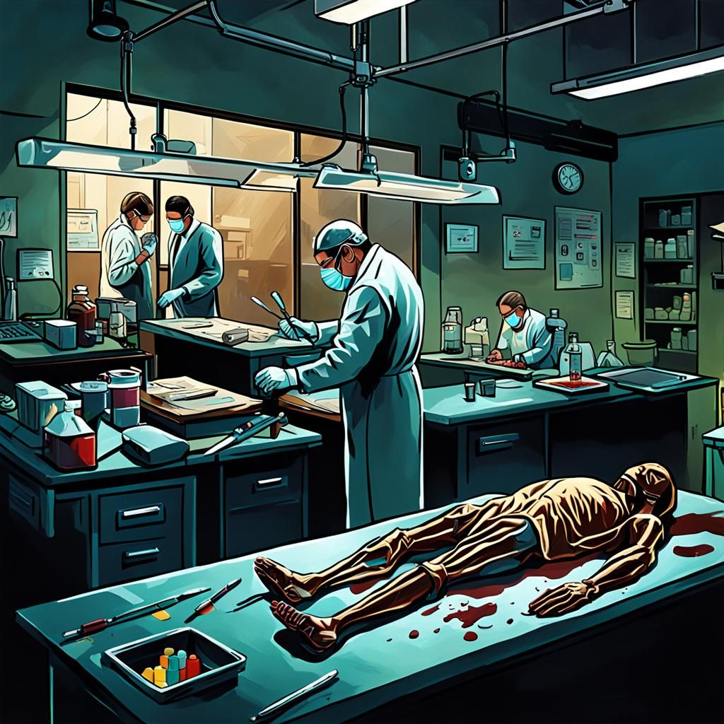 Hyperrealistic Medical Examiner Autopsy in Splash Art Style