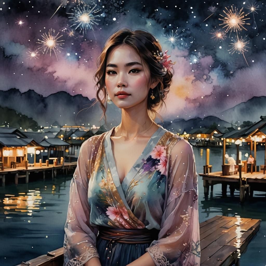 Thai Woman on Dock: Digital Watercolor Illustration