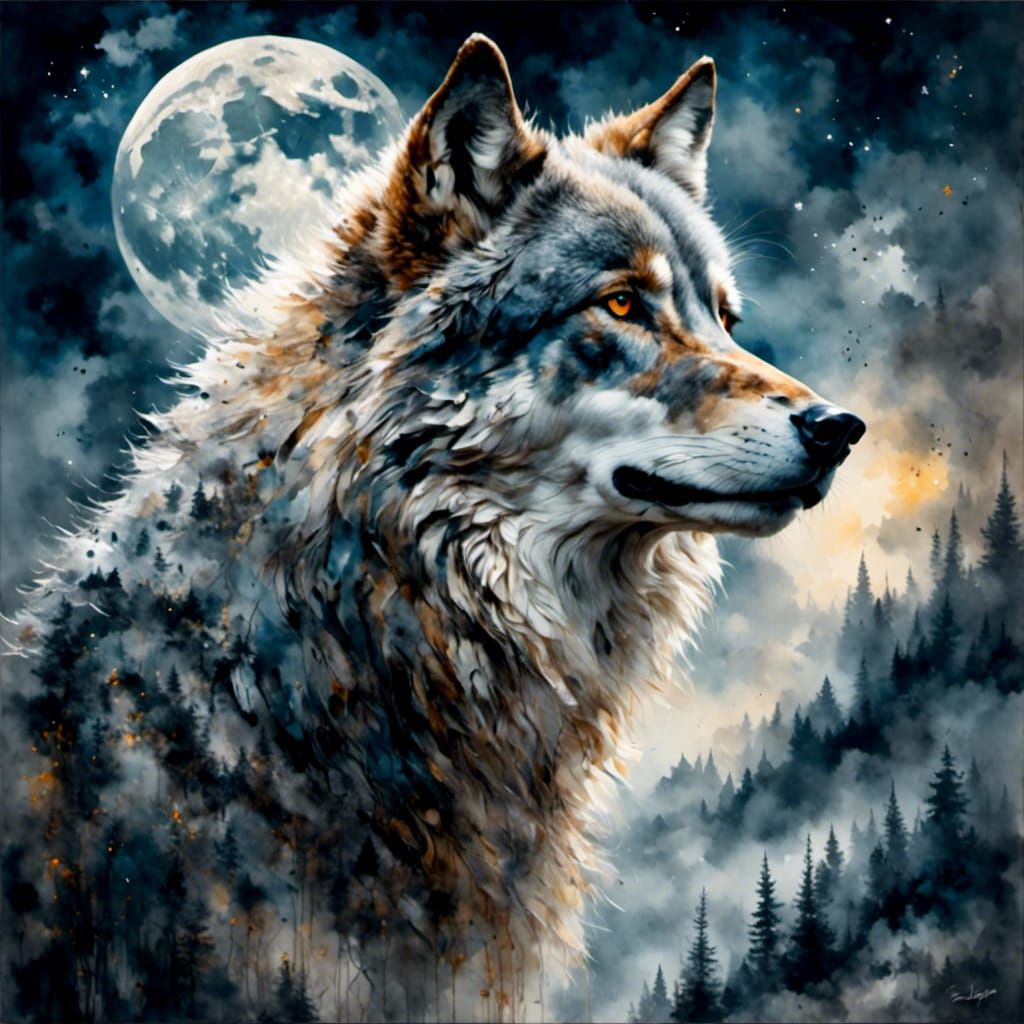 Grey Wolf Howling at Moon, Antique Watercolor