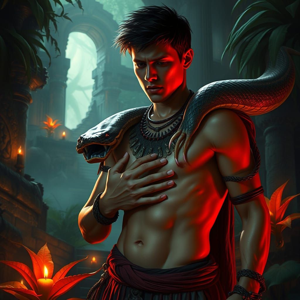 Man Devoured by Cobra Amidst Ancient Temple Ruin in Fantasy...