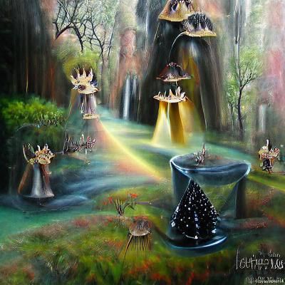Fairy Fountain in Magical Forest: Surreal Painting