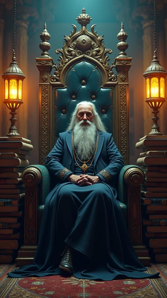 Wise Man on Book Throne: Fantasy Concept Art