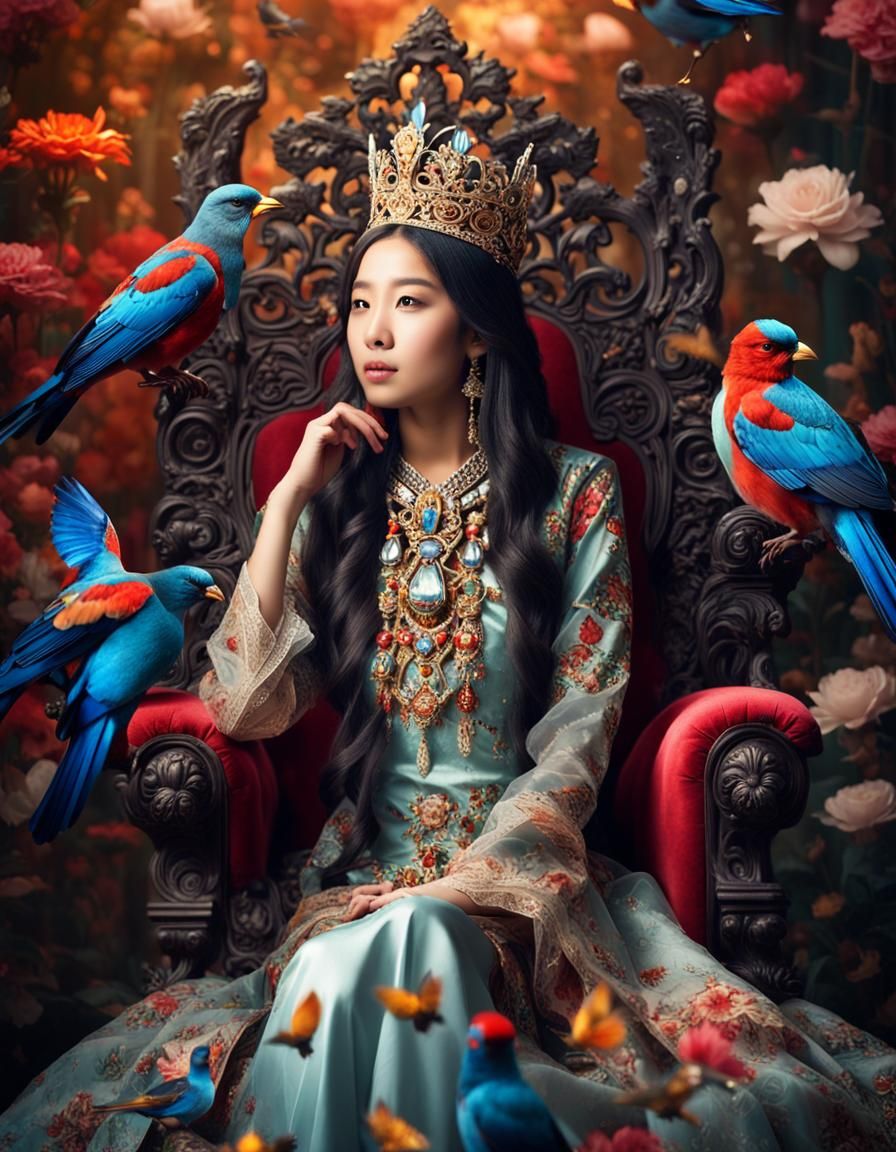 Hyperrealistic Portrait: Asian Woman on Throne with Birds