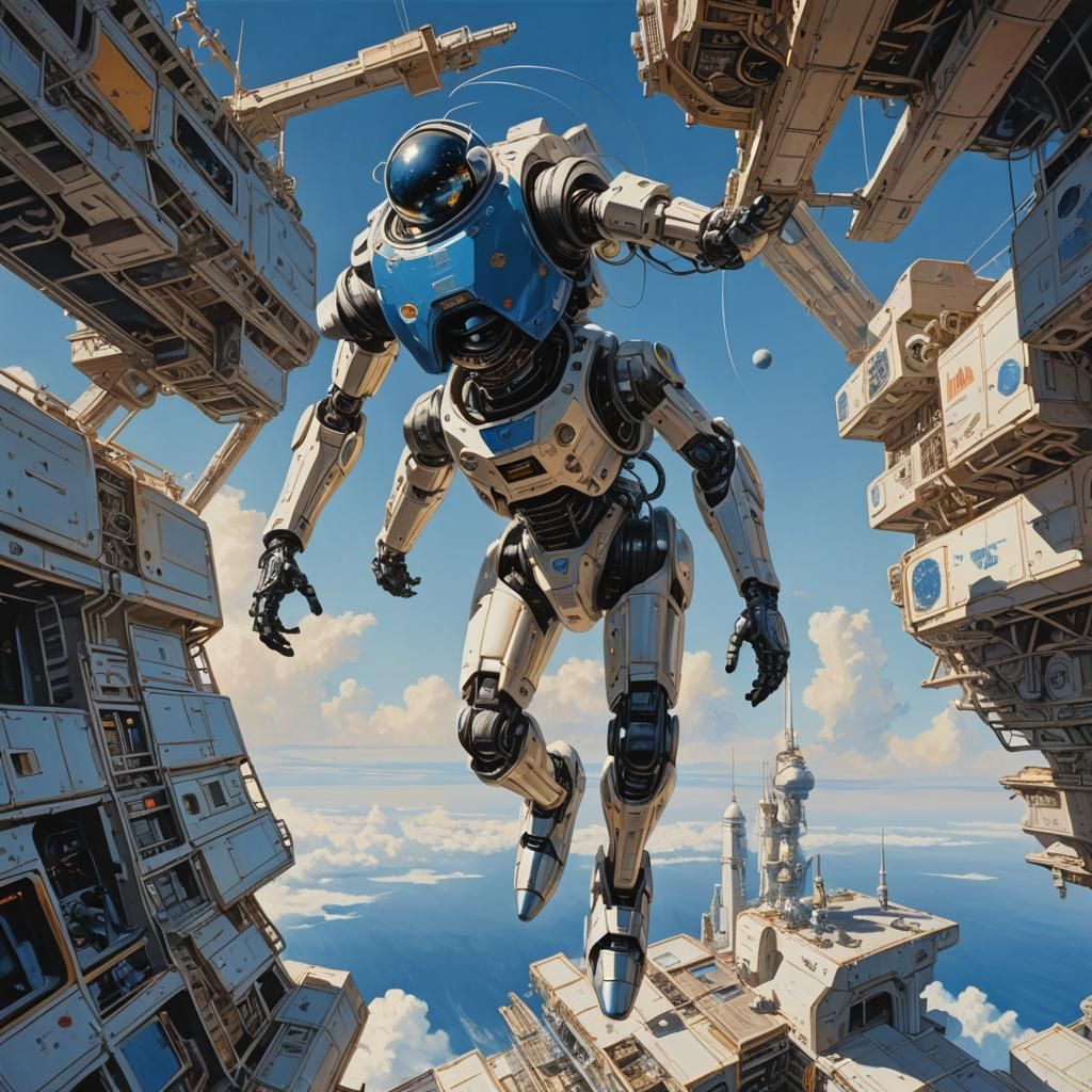 Man Climbs Robot on Space Station: Syd Mead Style