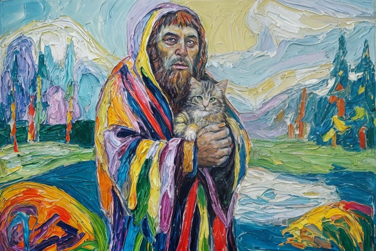 Vibrant Expressionist Oil Painting of a Colorful Neanderthal...