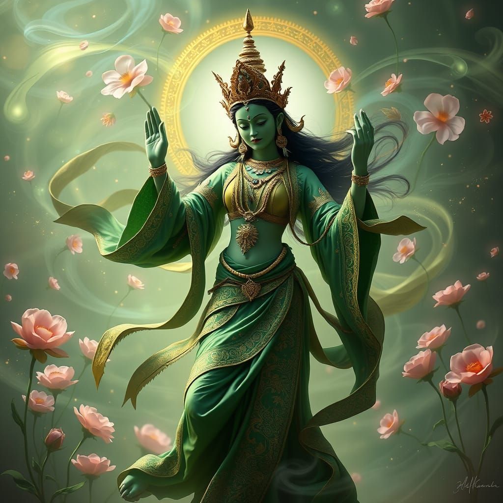 Mystical Green Tara Dances in Enchanted Aura