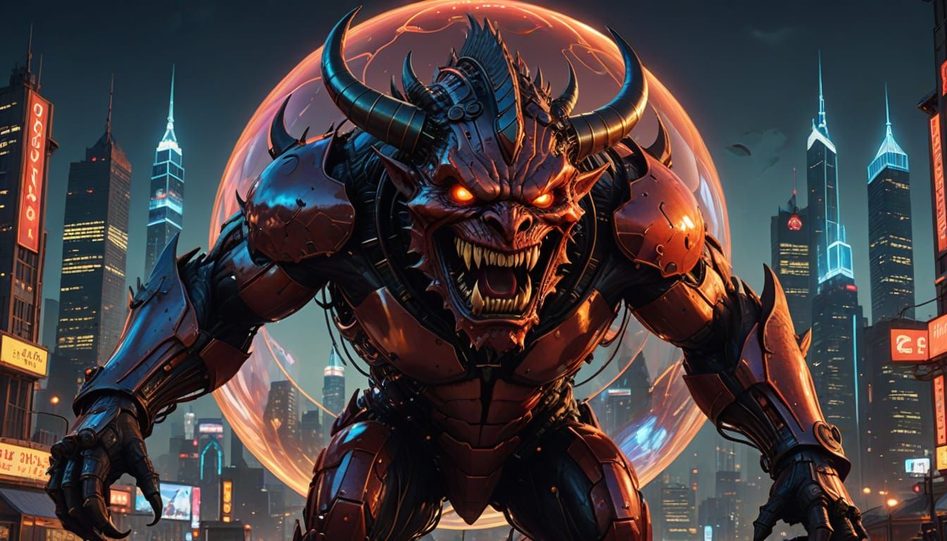 Cyberpunk Demon Soars on Soap Bubble Steed