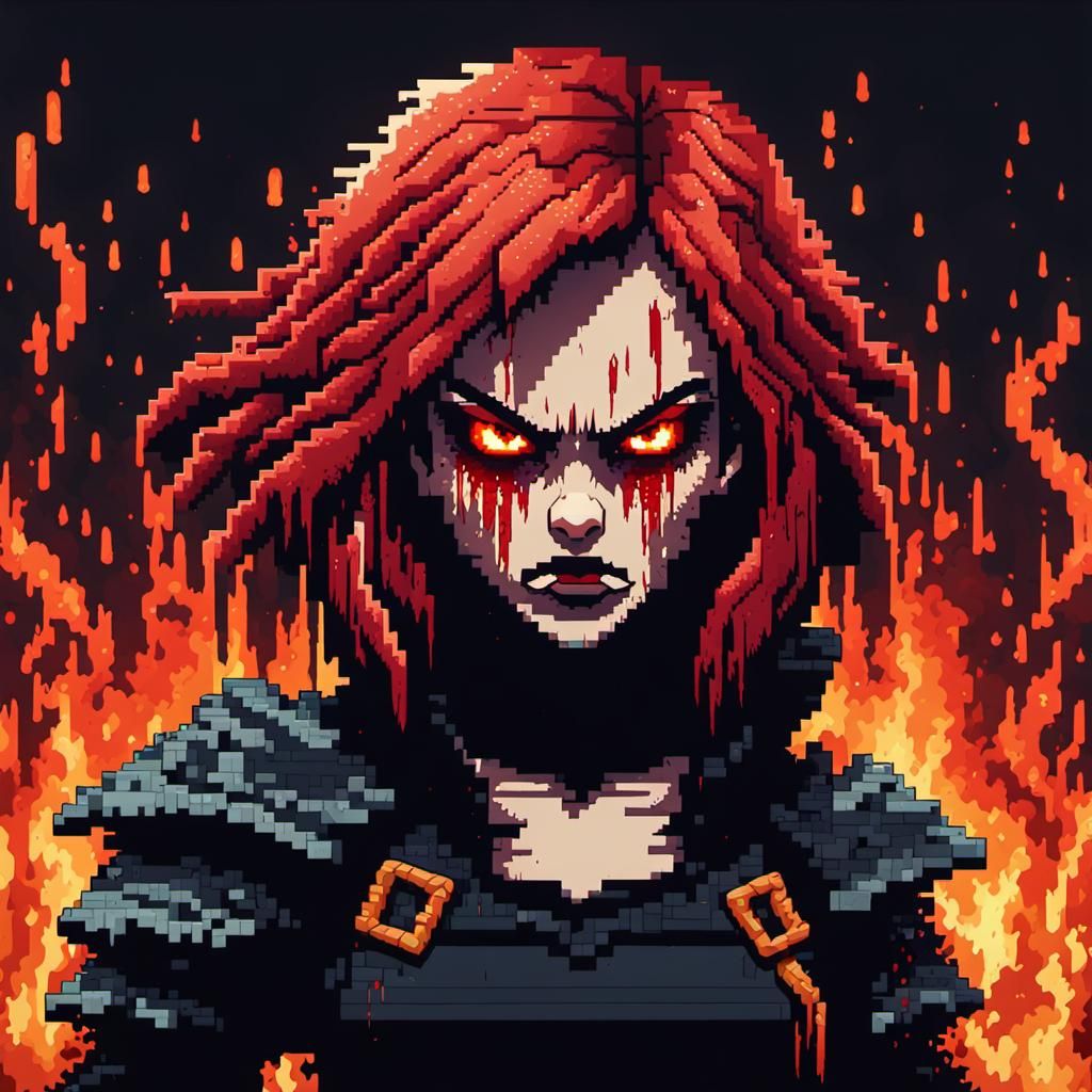 Fiery Hell-Girl in Gothic 8-Bit Pixel Art