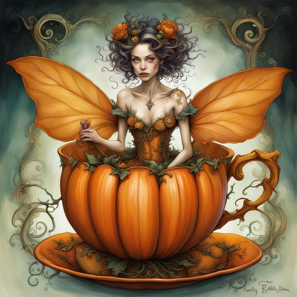 Fairy in Pumpkin Teacup: Detailed Matte Painting