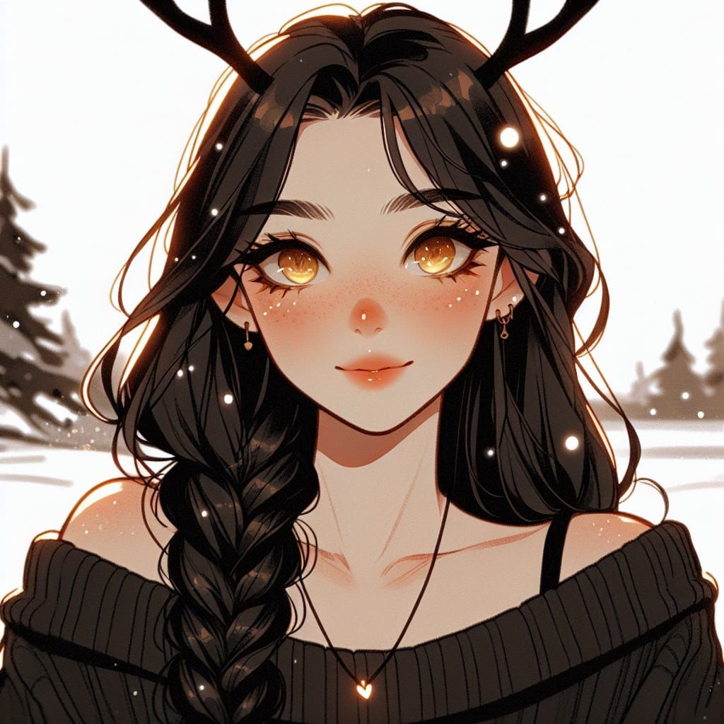 Anime Woman with Deer Antlers in Winter Scene