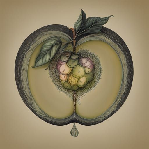 Apple with Glass Interior: Parchment Ink Drawing