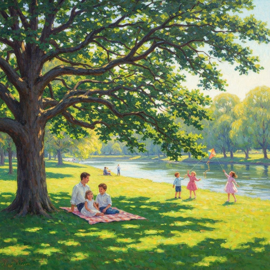 Impressionist Park Scene: Family Picnic and Kite Flying