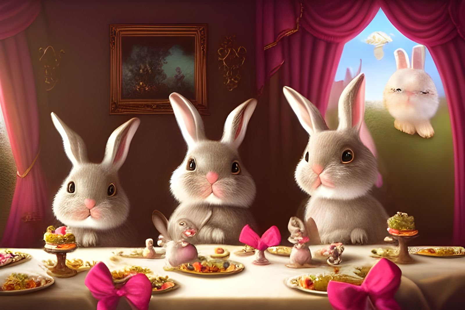 Group of cute bunnies having a birthday party banquet in a castle