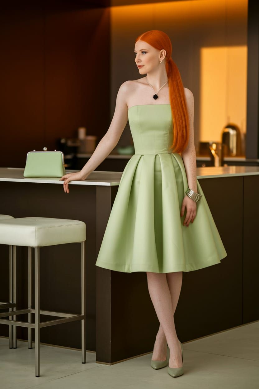 Elegant Ginger Woman in Pale Green Evening Dress