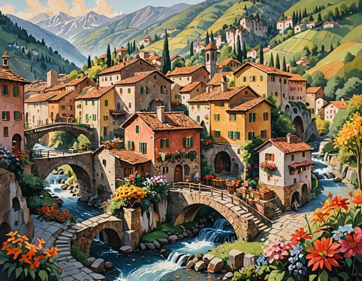 Italian Village Gouache Painting with Christmas Decorations